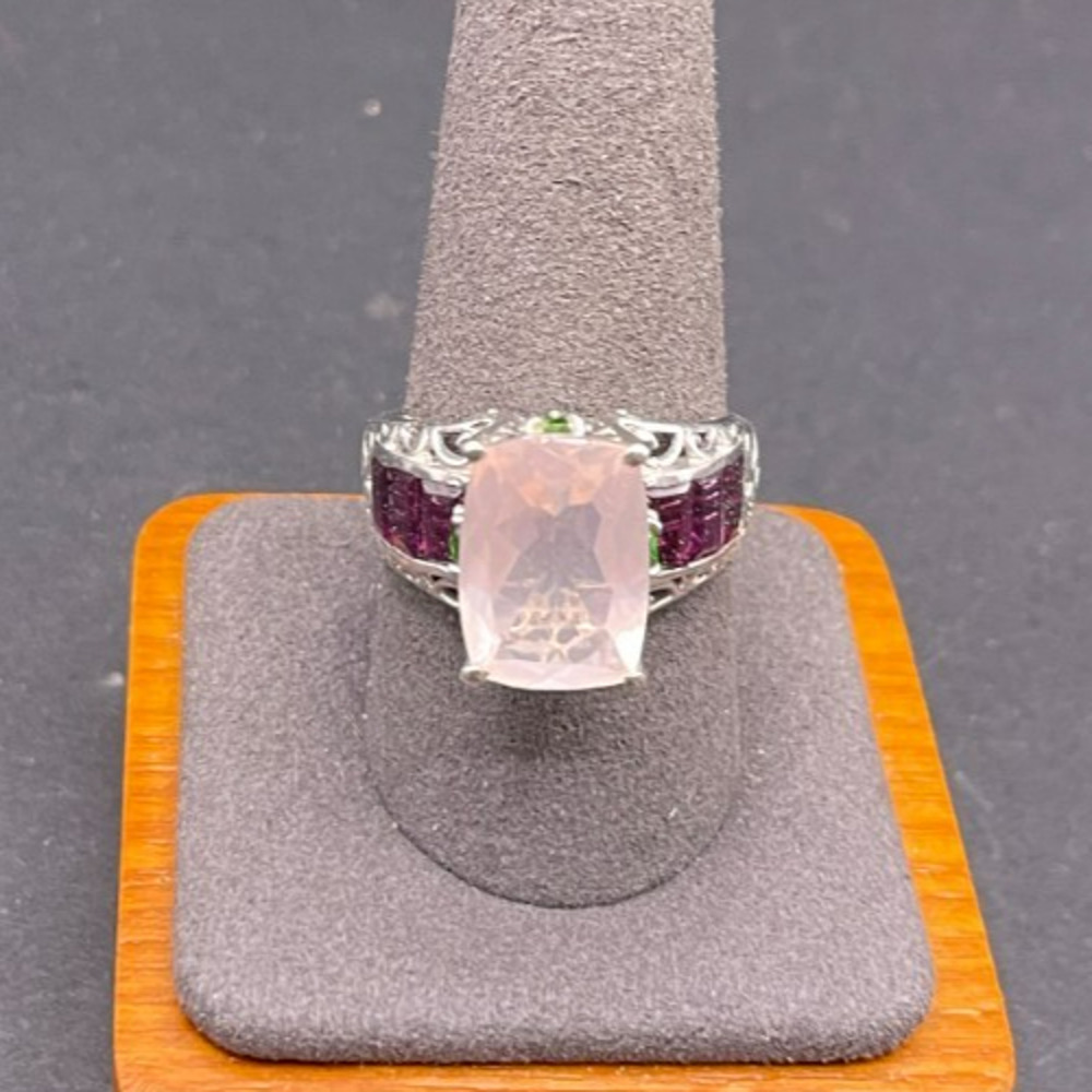 Sterling Silver 925 Pale Rose Quartz Amethyst Chrome Diopside Ring Size 10